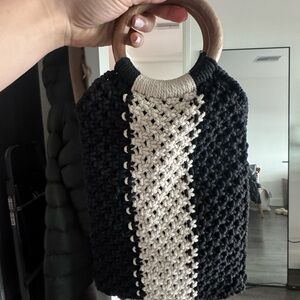 Maude The Label Black and Cream Crochet Handbag with Wooden Handles